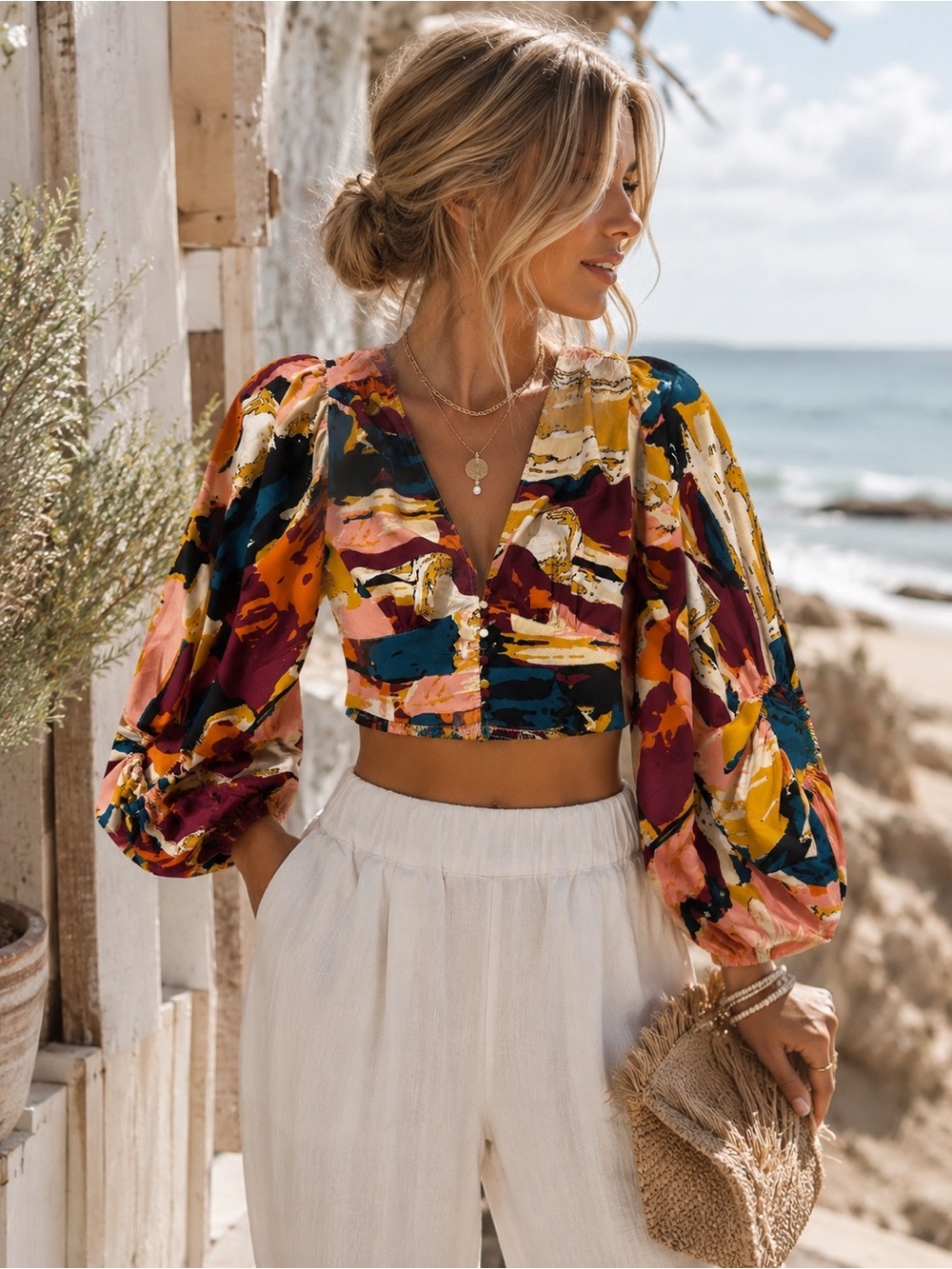 Truth NYC Abstract Print Puff Sleeve Smocked Crop Top Medium Boho Cottagecore